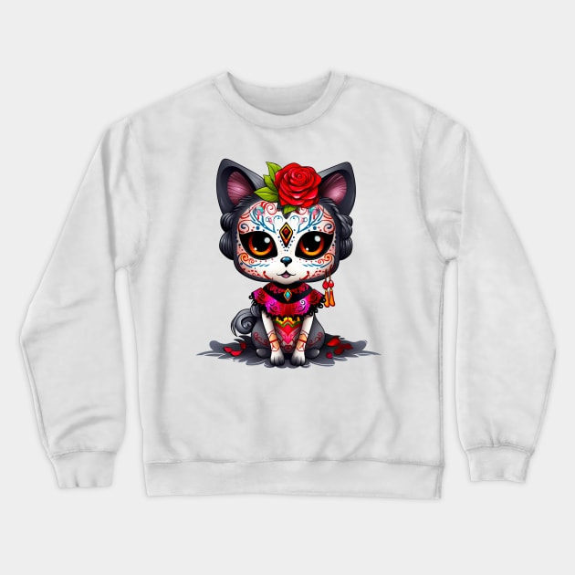 Dia de los Muertos Cat #9 Crewneck Sweatshirt by Chromatic Fusion Studio